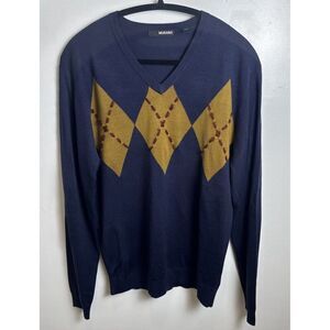 Murano Acrylic V-Neck Lightweight Pullover Sweater Navy Argyle Size Large L